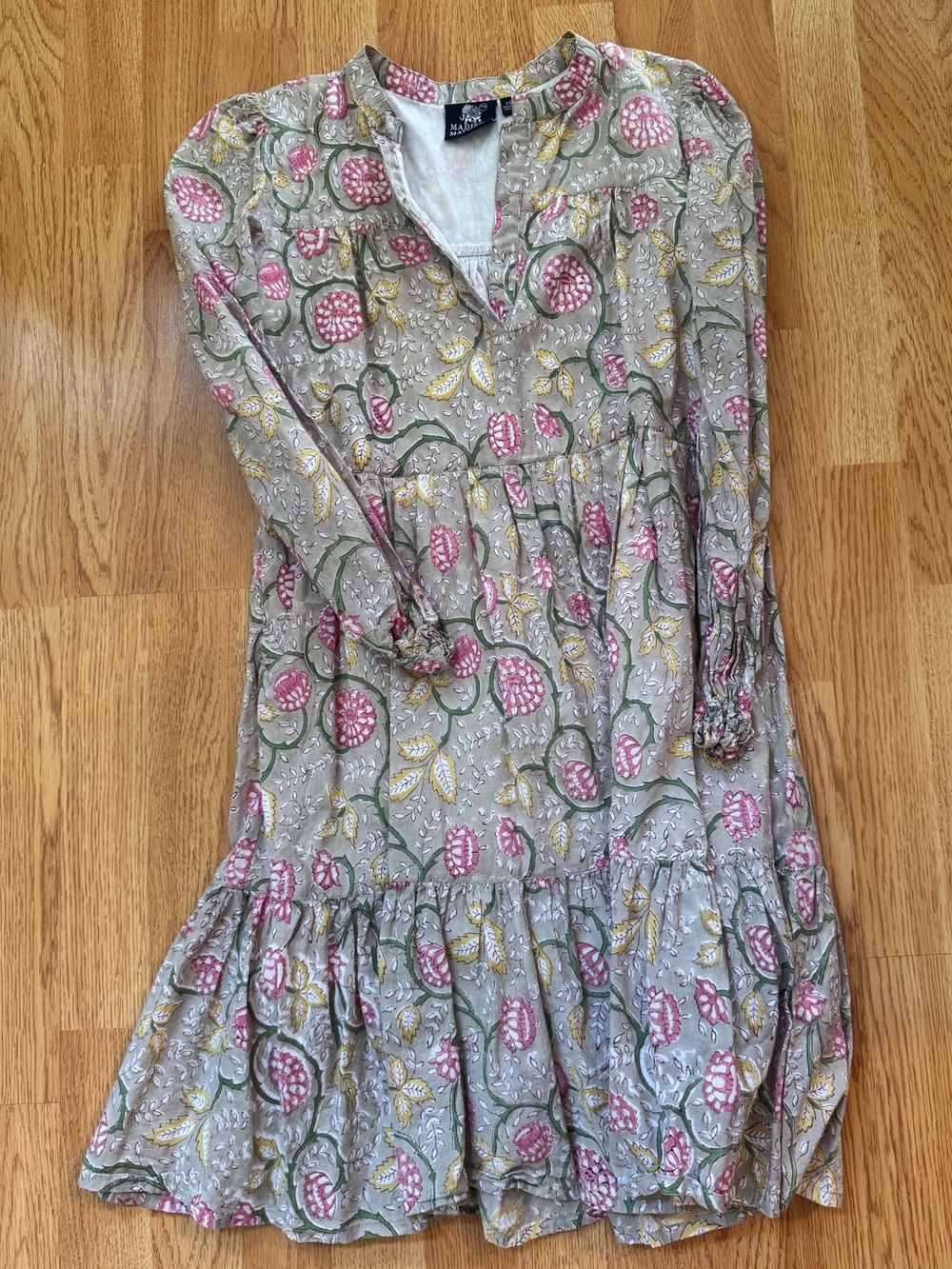 Madison Mathews EUC Pink Floral Long-Sleeve Tiered Dress with pockets- XS